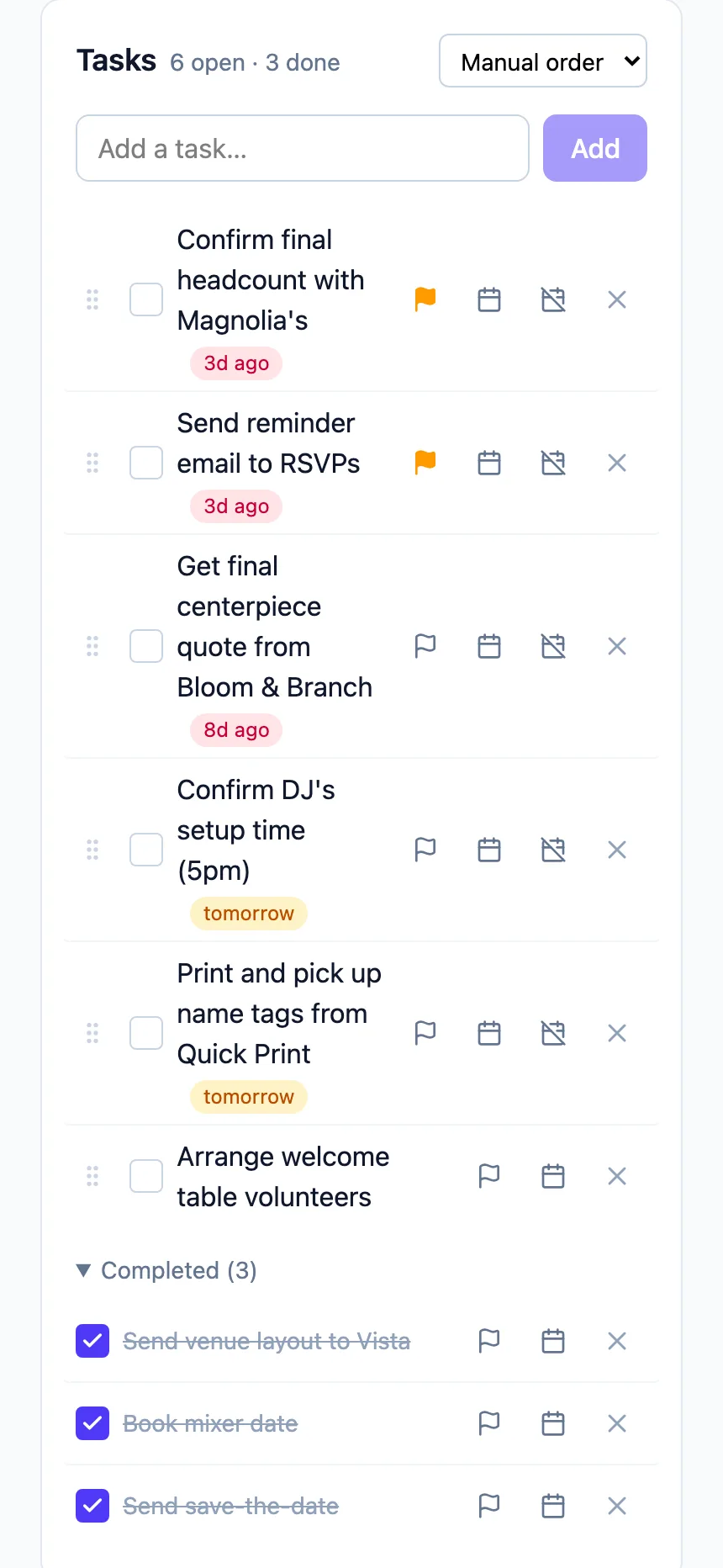 Event task list with flagged items and due dates