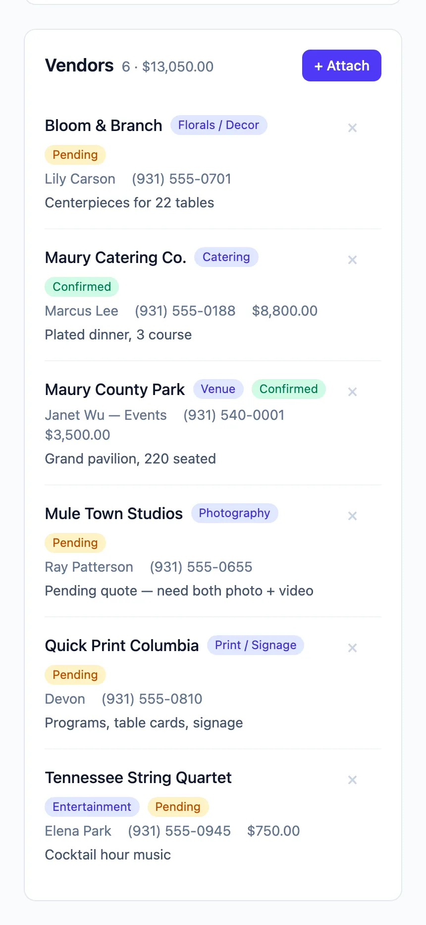 Six vendors attached to an event, each marked pending or confirmed with its cost